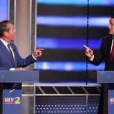 From the start of the debate, Governor Brian Kemp (left) had to defend himself from constant attacks from the former Sen David Perdue during the first debate of the Republican primary for governor on Sunday, April 24, 2022. (Miguel Martinez/Atlanta Journal Constitution/TNS)
