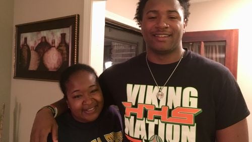 Georgia Tech defensive end Michael Lockhart with his mother Tiffany in their home in Birmingham, Ala., May 20, 2019. Tiffany described herself as a "relieved mother" to have her son attending Tech on scholarship. "I'm not worried about a thing," she said. (Ken Sugiura/AJC)
