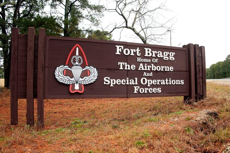 FILE - In this Jan. 4, 2020, file photo a sign at Fort Bragg, N.C., is shown. A Fort Bragg solider was decapitated, according to an autopsy report. (AP Photo/Chris Seward, File)