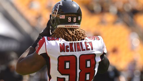 Atlanta Falcons defensive end Takkarist McKinley (98) warms up before of an NFL preseason football game against the Pittsburgh Steelers, Sunday, Aug. 20, 2017, in Pittsburgh. (AP Photo/Don Wright)