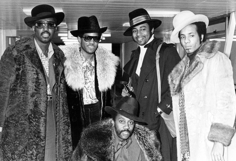 A photo of The Temptations’ Richard Street, Otis Williams, Damon Harris, Melvin Franklin and Dennis Edwrads in a group portrait. 