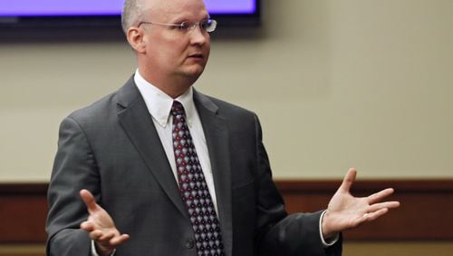 July 9, 2019, 2019 - Marietta - Cobb prosecutor Jason Marbutt delivers his opening statement. The trial of Landon Terrel, facing charges of aggravated battery and felony murder, started July 7th. This is the criminal trial of a former worker at a Sunrise assisted living facility accused of beating to death a 91-year-old resident of the home, Adam Bennett. Bennett’s daughter, Christine Houk testified that despite his age and memory issues, his mind was sharp. She lived near the Sunrise facility and visited him frequently. Bob Andres / bandres@ajc.com