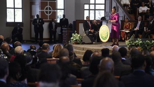 Bernice King speaks at the Martin Luther King, Jr. Annual Commemorative Service, Monday, Jan. 21, 2019. Bernice is Martin Luther King, Jr’s daughters and chief executive officer and board member of the King Center. (Annie Rice/For The Atlanta Journal-Constitution)