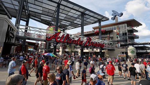 Braves fans fill the plaza outside SunTrust Park before Game 3 of the NLDS between their team and the Los Angeles Dodgers.