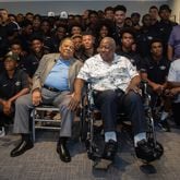 Andrew Young (left) and Hank Aaron pose for photos with the participants at the end of the Hank Aaron Invitational at SunTrust Park in Atlanta Aug. 2, 2019.  STEVE SCHAEFER / SPECIAL TO THE AJC