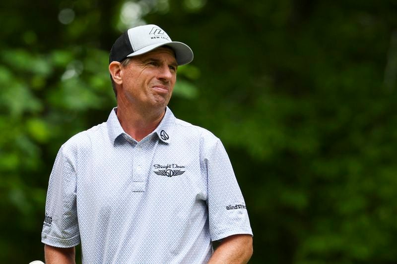 Steven Alker reacts after he teed off on the third hole during the first round of the Mitsubishi Classic senior golf tournament at TPC Sugarloaf, Friday, April 26, 2024, in Duluth, Ga. (Jason Getz / AJC)
