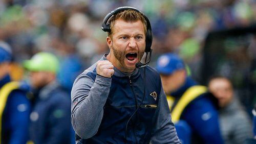 Dec 17, 2017; Seattle, WA, USA; Los Angeles Rams head coach Sean McVay reacts following a touchdown against the Seattle Seahawks during the second quarter at CenturyLink Field. Mandatory Credit: Joe Nicholson-USA TODAY Sports