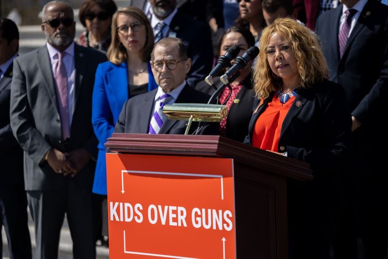 U.S. Sen. Raphael Warnock and U.S. Rep. Lucy McBath, both Georgia Democrats, hosted a Capitol Hill press conference this week to highlight Americans affected by gun violence. McBath is pictured speaking at a similar event in March. (Nathan Posner for the Atlanta Journal-Constitution)