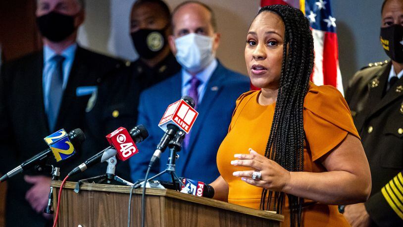 Fulton County District Attorney Fani T. Willis speaks at a press conference at the Fulton County Courthouse in Atlanta Thursday, August 5, 2021. STEVE SCHAEFER FOR THE ATLANTA JOURNAL-CONSTITUTION