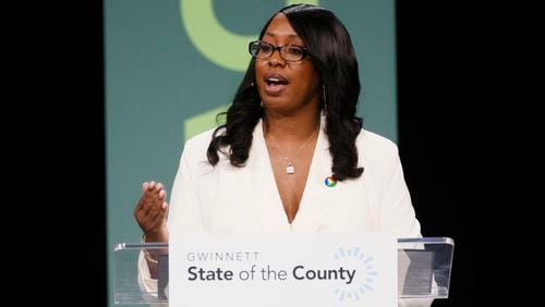 Gwinnett county chairwoman Nicole Love Hendrickson speaks during the annual State of the County speech at the 12Stone Church in Lawrenceville on Thursday, March 2, 2023.
Miguel Martinez /miguel.martinezjimenez@ajc.com