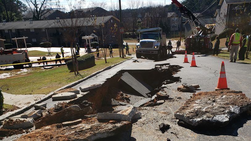 DeKalb County was working to repair a water main break outside the Twin Keys Apartment Homes on Briarwood Road Tuesday afternoon. SPECIAL PHOTO