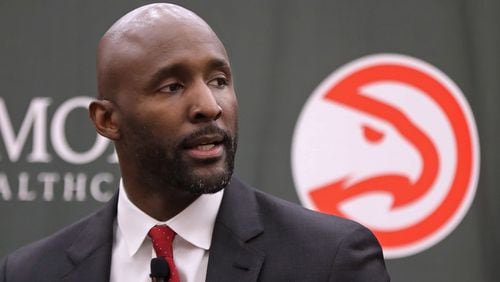 The Atlanta Hawks head coach Lloyd Pierce is introduced as the 13th full-time coach in the Atlanta history of the NBA basketball franchise on Monday, May 14, 2018, in Atlanta.  Curtis Compton/ccompton@ajc.com