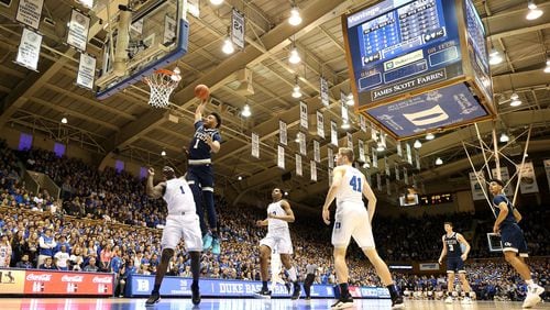 James Banks of the Georgia Tech Yellow Jackets dunks the ball over Zion Williamson of the Duke Blue Devils during their game at Cameron Indoor Stadium on January 26, 2019 in Durham, North Carolina. (Photo by Streeter Lecka/Getty Images)