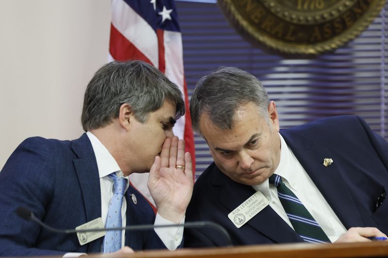 State House Governmental Affairs Chair John LaHood, R-Valdosta, whispers into the ear of state Rep. Rob Leverett, R-Elberton during a hearing. Speaking about the numerous election bills working their way through the General Assembly, LaHood said, “What we’re seeing this year is a combination of a lot of good ideas and some bad ideas from the past that are being presented.” (Miguel Martinez /miguel.martinezjimenez@ajc.com)