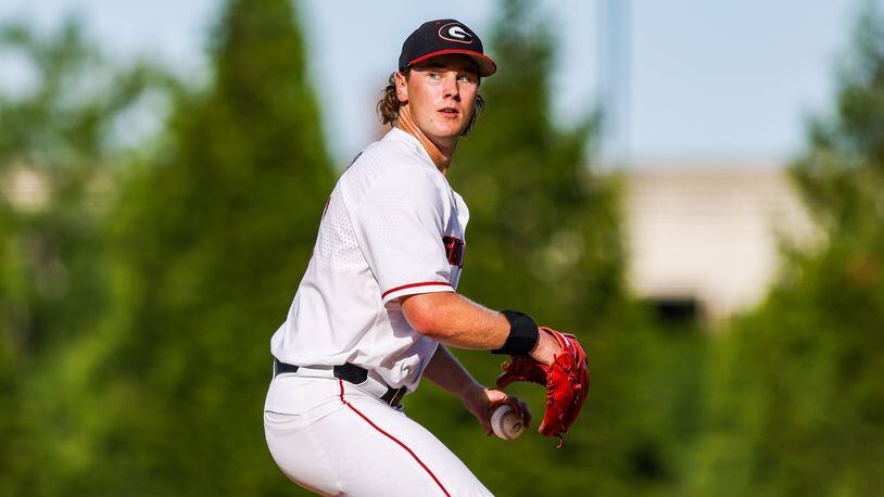 Georgia pitcher Davis Rokose (55) prepares to deliver a pitch in a game against Presbyterian College at Foley Field in Athens on Tuesday, May 17, 2022. (Photo by Tony Walsh/UGA Athletics)