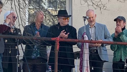 On Nov. 3, 2023, Monkees star Mickey Dolenz gets the key from Athens mayor Kelly Darryl Girtz while three members of R.E.M. join him: Michael Stipe, Peter Buck and Bill Berry. CONTRIBUTED/DIXIE TAYLOR