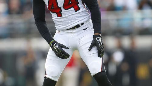 Atlanta Falcons defensive end Vic Beasley (44) lines up against the Jacksonville Jaguars during an NFL football game in Jacksonville, Fla., Sunday, Dec. 20, 2015. (Jeff Haynes/AP Images for Panini)