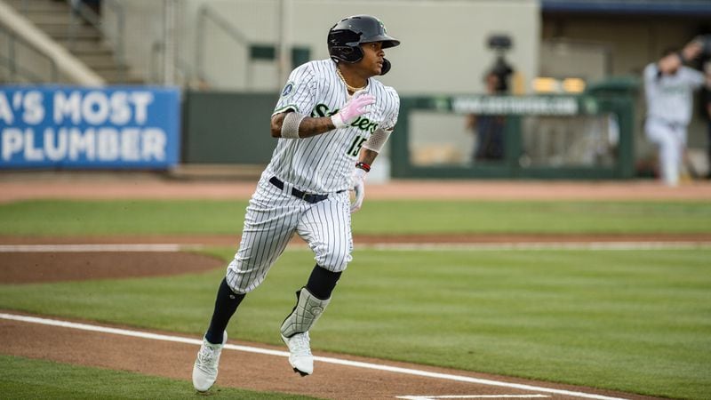 Braves center fielder Cristian Pache made a rehab appearance with Gwinnett, Tuesday, June 1, 2021, playing center field and going 1-for-3 with a run scored in a 6-2  loss to the Jacksonville Jumbo Shrimp at Coolray Field in Lawrenceville. (Will Fagan/Gwinnett Stripers)