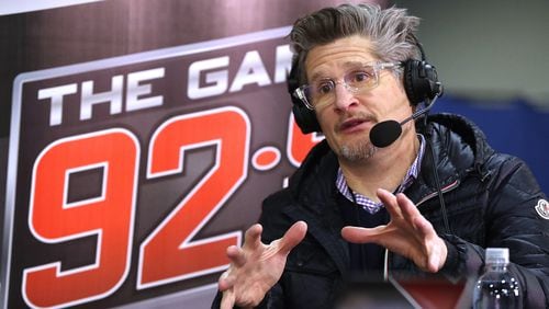 Falcons general manager Thomas Dimitroff is interviewed on 92.9 The Game while making his rounds on radio row at the Georgia World Congress Center on Thursday, Jan. 31, 2019, in Atlanta.
