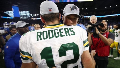 Green Bay quarterback Aaron Rodgers is greeted by Detroit quarterback Matthew Stafford after the Lions defeated the Packers, 31-23, Oct. 7, 2018,  at Ford Field in Detroit.
