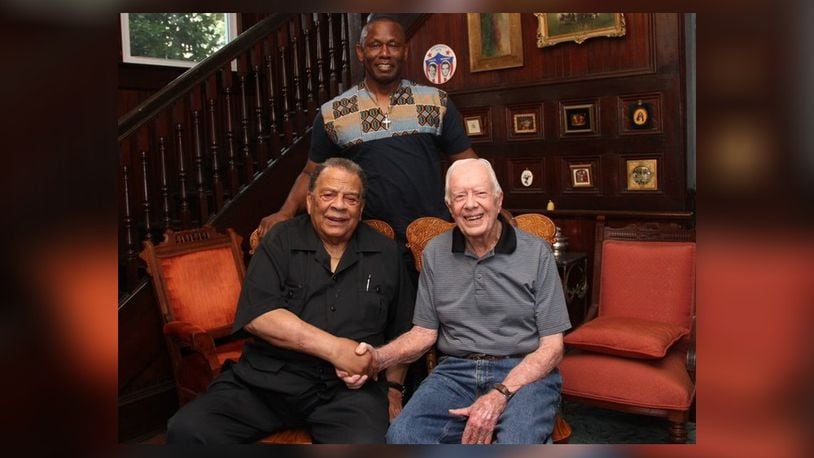 Maranatha Baptist Church Pastor Tony Lowden with former Ambassador Andrew Young and former President Jimmy Carter. Young visited the church to teach Sunday school with Carter on Aug. 11, 2019. (Photo: Maranatha Baptist Church)