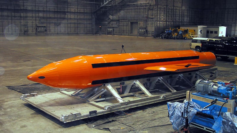 A Massive Ordnance Air Blast- or more commonly known as the Mother of All Bombs -(MOAB) weapon is prepared for testing at the Eglin Air Force Armament Center on March 11, 2003. The MOAB is a precision-guided munition weighing 21,500 pounds and will be dropped from a C-130 Hercules aircraft for the test. It will be the largest non-nuclear conventional weapon in existence. The MOAB is an Air Force Research Laboratory technology project that began in fiscal year 2002 and was scheduled to be completed in 2003.