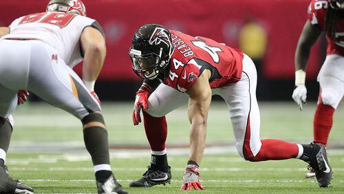 September 11, 2016 ATLANTA: Falcons Vic Beasley Jr., who did not have a stat on the sheet from the game, lines up to rush in the second half against the Buccaneers in an NFL football game on Sunday, Sept. 11, 2016, in Atlanta. Curtis Compton /ccompton@ajc.com