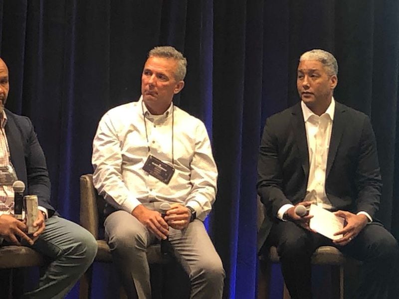 Fox analyst Urban Meyer was a panelist at the Quarterback Coaching Summit held in Atlanta  on June 24 and 25 , 2019. NFL Network's Steve Wyche, on the right, was the moderator. (By D. Orlando Ledbetter/dledbetter@ajc.com)
