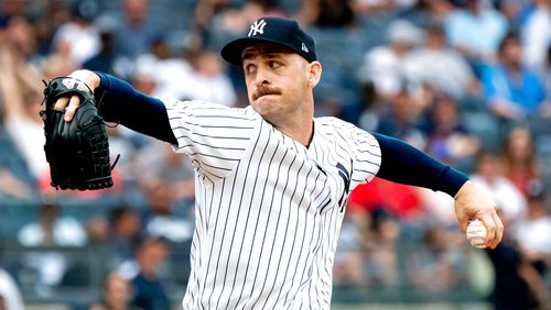 New York Yankees' pitcher Lucas Luetge throws during the eighth inning of a baseball game against the Boston Red Sox, Sunday, July 17, 2022, in New York. The Yankees won 13-2. (AP Photo/Julia Nikhinson)