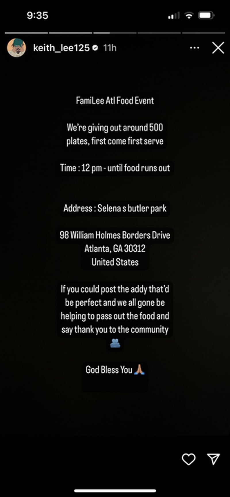 Viral food influencer Keith Lee announces a food giveaway in Atlanta on April 3, 2024, on Instagram Stories.