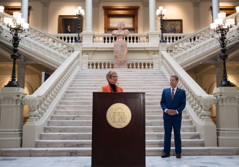 Dr. Kathleen Toomey and Gov. Brian Kemp give an update on COVID-19 in Georgia at the State Capitol.
Ben Gray for The Atlanta Journal-Constitution