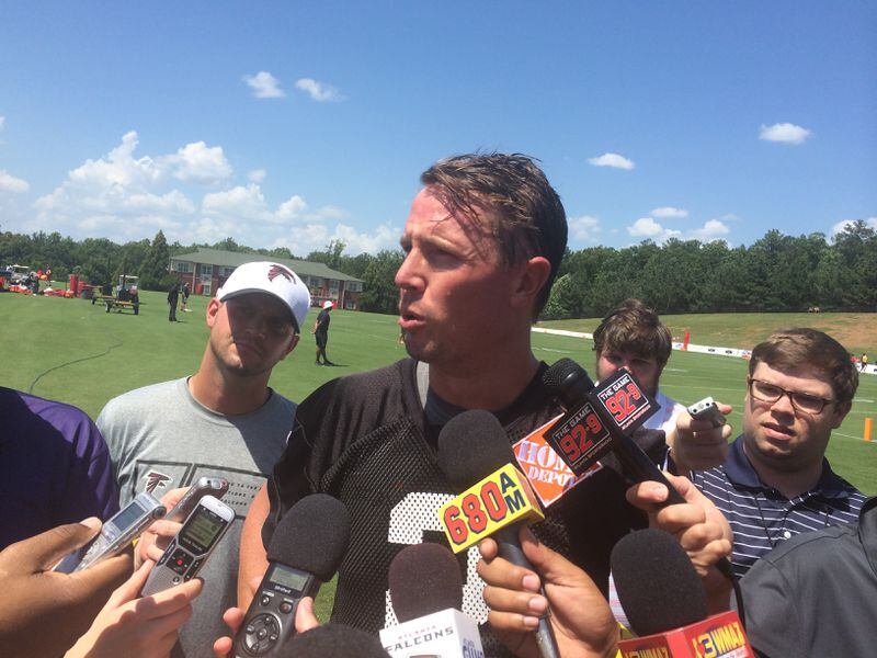 Falcons quarterback Matt Ryan meeting with the media after minicamp practice on June 16, 2015. (D. Orlando Ledbetter/AJC)