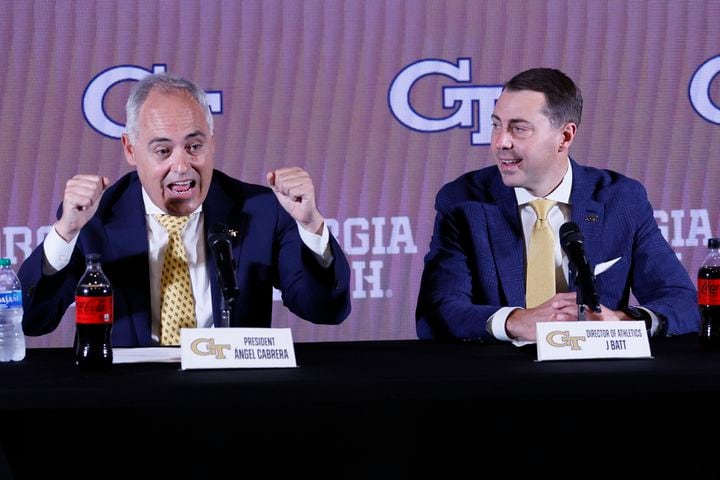 Georgia Tech President Angel Cabrera reacts as he introduces new athletic director J Batt during a news conference Monday. (Miguel Martinez / miguel.martinezjimenez@ajc.com)