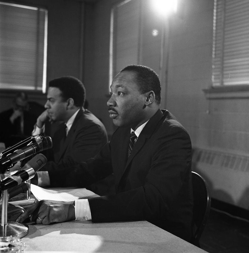 Martin Luther King Jr. and SCLC director Andrew Young during a press conference in 1967.