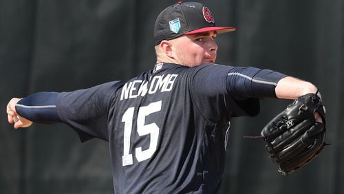 Braves pitcher Sean Newcomb delivers a pitch working with the catchers on Friday, Feb 16, 2018, at the ESPN Wide World of Sports Complex in Lake Buena Vista, Fla.  Curtis Compton/ccompton@ajc.com