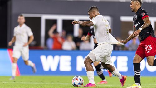 Atlanta United forward Josef Martinez #7 scores the first goal of the match against D.C. United at Audi Field in Washington, District of Columbia on Saturday August 21, 2021. (Photo by Jacob Gonzalez/Atlanta United)