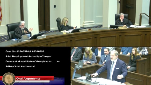 John Christy, an attorney representing the Rivian opposition, made oral arguments before a Georgia Court of Appeals panel Wednesday regarding Rivian's tax incentives. This is a screenshot of the oral arguments, which were streamed virtually.