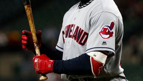 Cleveland Indians mascot Chief Wahoo is seen on Rajai Davis' jersey as he prepares for an at-bat against the Baltimore Orioles, Friday, April 20, 2018, in Baltimore. (Patrick Semansky/AP)