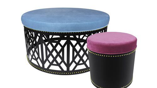 South Carolina-based Taylor Burke Home, known for its bold and unexpected designs, recently introduced its Don’t Fret Ottoman and You’re Riveting Stool. The pieces, inspired by the company’s popular pendants, feature a metal base and an upholstered top. CONTRIBUTED