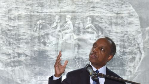 DeKalb CEO Michael Thurmond delivers the keynote address at a Stone Mountain Park marking the 50th anniversary of the assassination of the Rev. Martin Luther King Jr. HYOSUB SHIN / HSHIN@AJC.COM