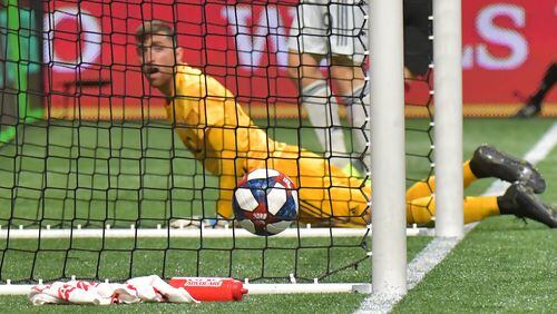 October 19, 2019 Atlanta - New England Revolution goalkeeper Matt Turner (30) reacts after Atlanta United defender Franco Escobar (2) scored the game winning goal in the second half during the first round of the MLS playoffs at Mercedes-Benz Stadium on Saturday, October 19, 2019. Atlanta United won 1-0 over the New England Revolution. (Hyosub Shin / Hyosub.Shin@ajc.com)