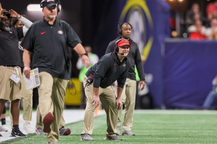 Georgia Bulldogs head coach Kirby Smart looks in from the sideline during the first half of the SEC Championship football game at the Mercedes-Benz Stadium in Atlanta, on Saturday, December 2, 2023. (Jason Getz / Jason.Getz@ajc.com)