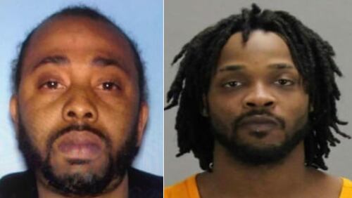 Tony Stevenson is wanted on battery and family violence charges, while Reginald Hardy is wanted on a murder charge in a domestic dispute that ended in a fatal shooting Monday night in Clayton County. Credit: Clayton County Police Department