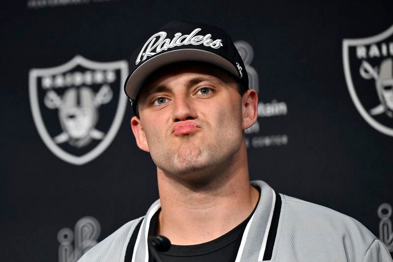 Las Vegas Raiders first round draft pick Brock Bowers attends an NFL football news conference Friday, April 26, 2024, in Henderson, Nev. (AP Photo/David Becker)