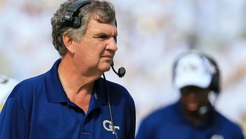 Georgia Tech coach Paul Johnson looks on during the second half against the Georgia Southern Eagles at Bobby Dodd Stadium on October 15, 2016 in Atlanta, Georgia. (Photo by Daniel Shirey/Getty Images)