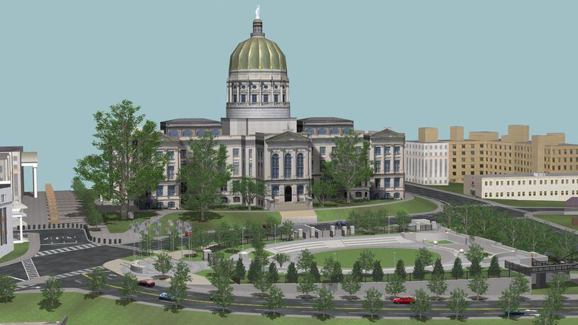 A conceptual drawing shows a potential future view of the Georgia Capitol from the east. A new road, Capitol Square Extension, is being built in the foreground near Liberty Plaza. Mitchell Street, left, would be permanently closed.