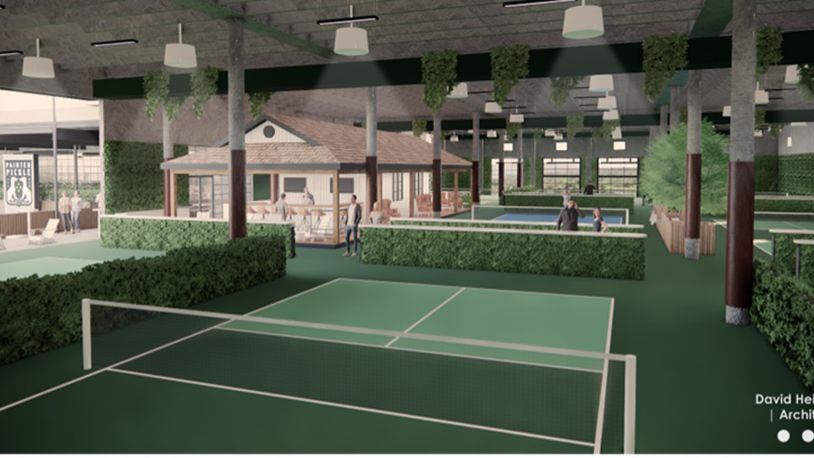 Painted Pickle, a new pickleball-themed venue from Painted Warehouse, is expected to open on the Northeast BeltLine in December. Exterior and Interior renderings of Painted Pickle.