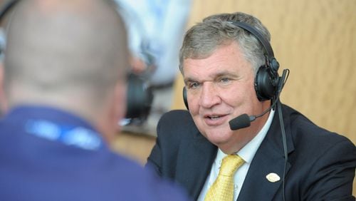 Georgia Tech head coach Paul Johnston is interviewed on sports talk radio during the 2017 ACC Football Kickoff media event in Charlotte, N.C., Friday July 14, 2017. (Photo by Sara D. Davis, the ACC.com)