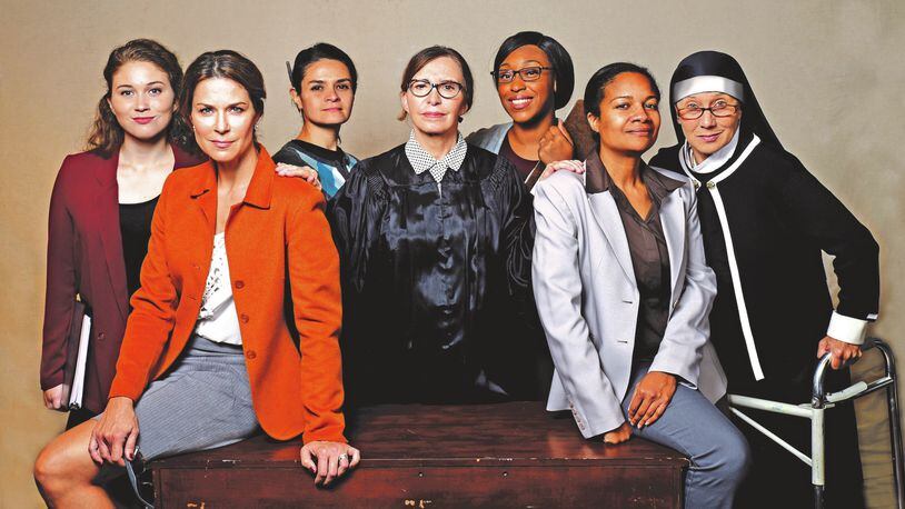 In “Project Dawn” at Horizon Theatre, seven women play prostitutes trying to rehabilitate themselves in a special court program in Philadelphia. They also double as the court staff and a nun, as shown here. The company consists of Brooke Owens, Lane Carlock, Maria Rodriguez-Sager, Marianne Fraulo, Christy Clark, Bobbi Lynne Scott and Carolyn Cook. PHOTO CREDIT: Greg Mooney
