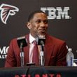 First-round selection quarterback Michael Penix Jr. speaks during the Atlanta Falcons introductory press conference at the Falcons Headquarters in Flowery Branch on Friday, April 26, 2024. (Natrice Miller/ AJC)
